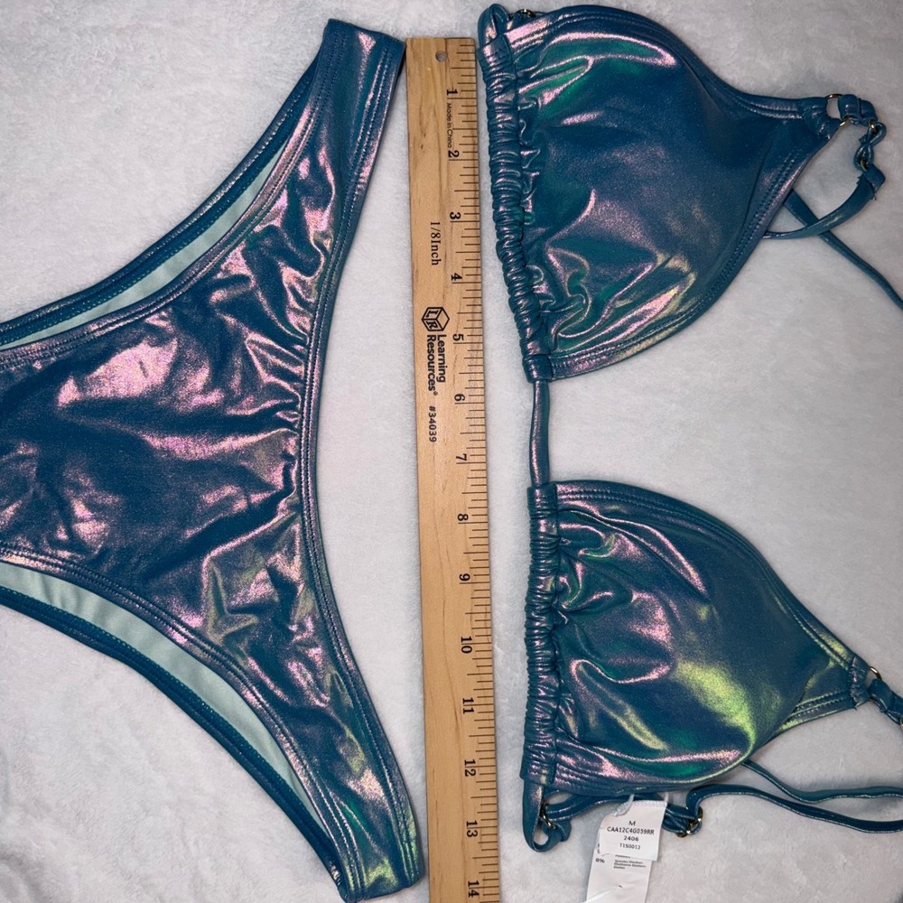Cupshe Womens Holographic Iridescent Bikini Set Blue Teal Metallic Padded M NEW - Picture 6 of 9